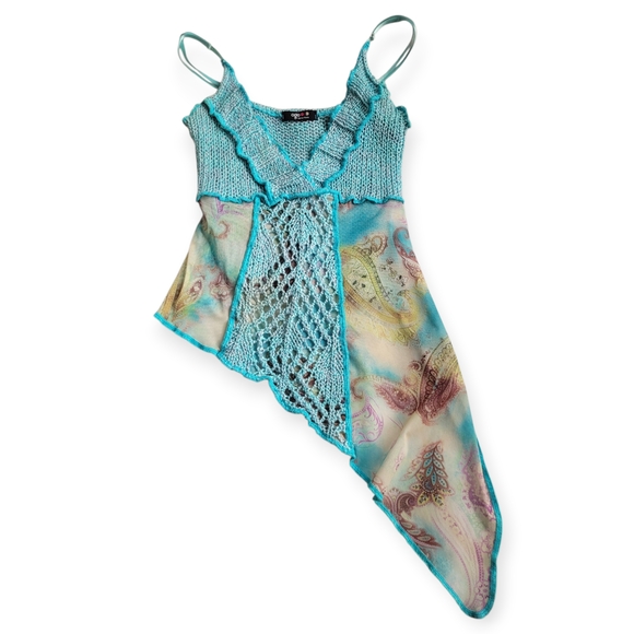 Vintage Tops - VTG Y2K Ogo Geral Asymmetrical Mesh Top Fairycore Whimsigoth Crochet Paisley
